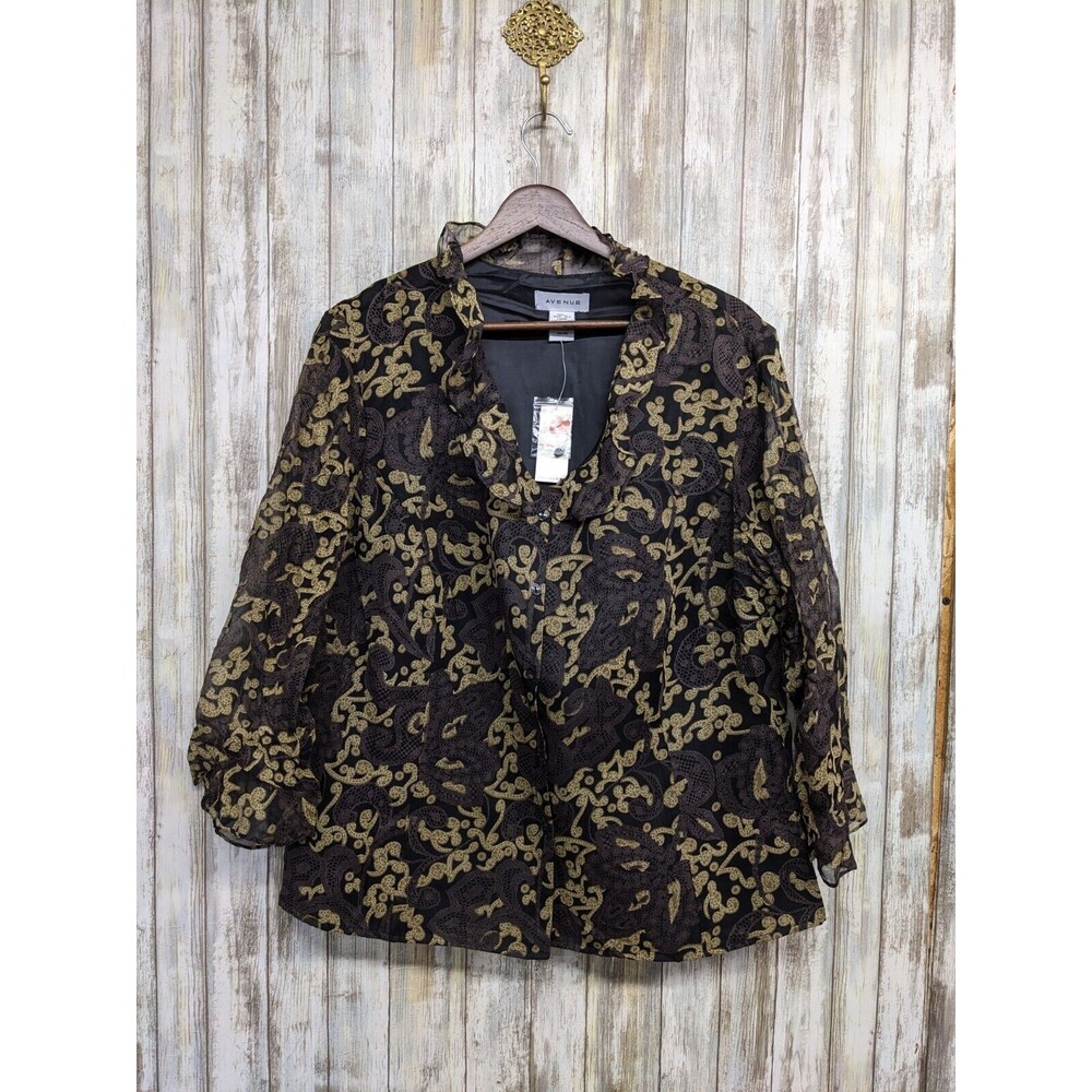 Avenue Paisley Semi-Sheer 3/4 Sleeve Silk Button Up Ruffle Blouse 14/16 NWT